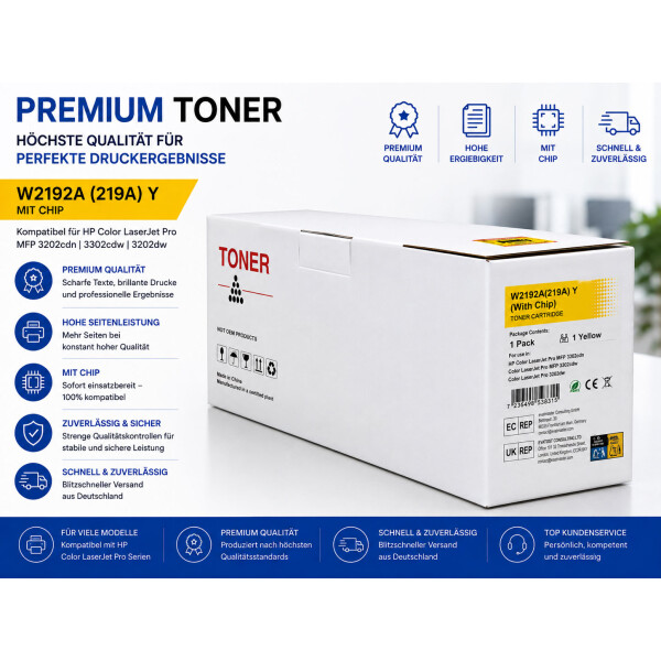 Kompatibler Toner mit Chip für HP 219A W2192A Yellow – Für Color LaserJet Pro MFP 3302 / 3202 (1.200 Seiten)
